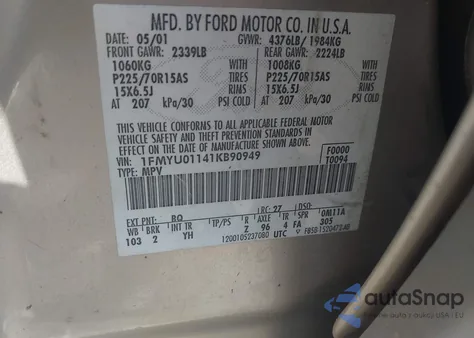 2001 Ford Escape Xls z USA, uszkodzony, nr VIN 1FMYU01141KB90949